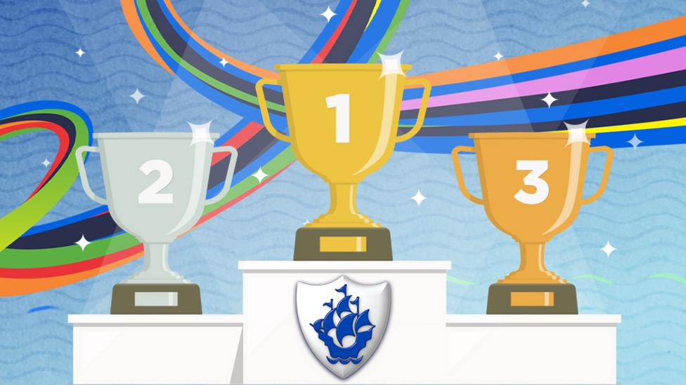 Three trophies, gold silver and bronze with a Blue Peter badge.