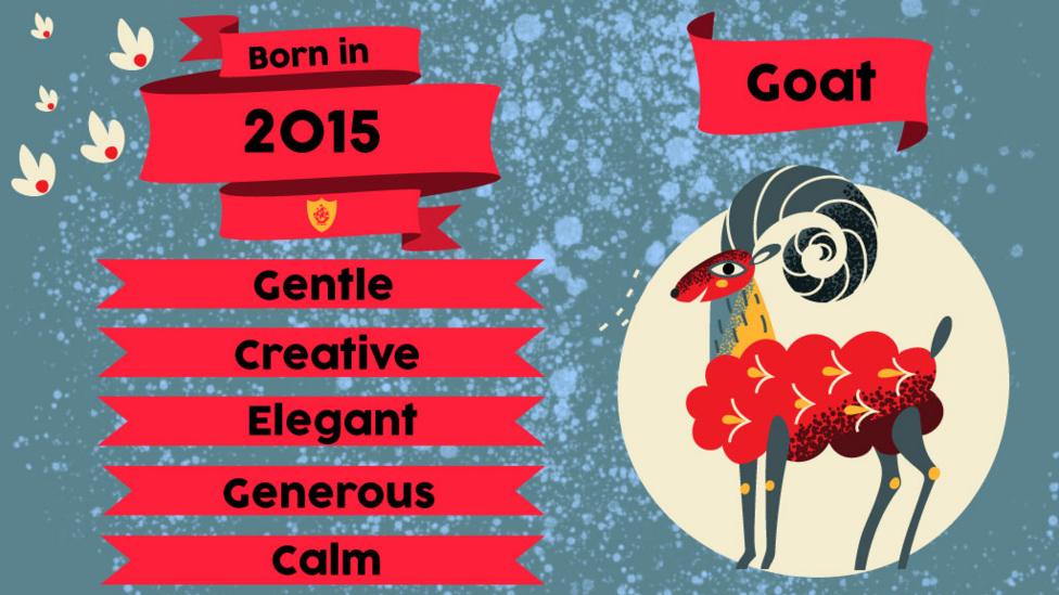 A horse and flags with text "Born in 2015. Gentle, Creative, Elegant, Generous, Calm"