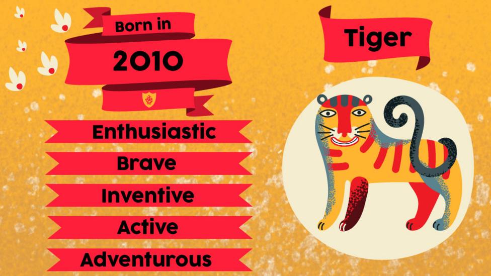 A tiger and flags with text "Born in 2010. Enthusiastic, brave, inventive, active, adventurous""