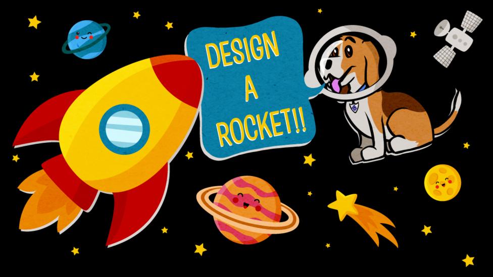 Cartoon space rocket and planets with Henry the dog as an astronaut.