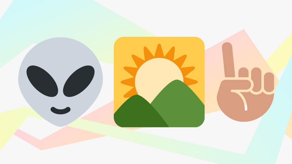 Emoji: alien, sun over hills, finger pointing up