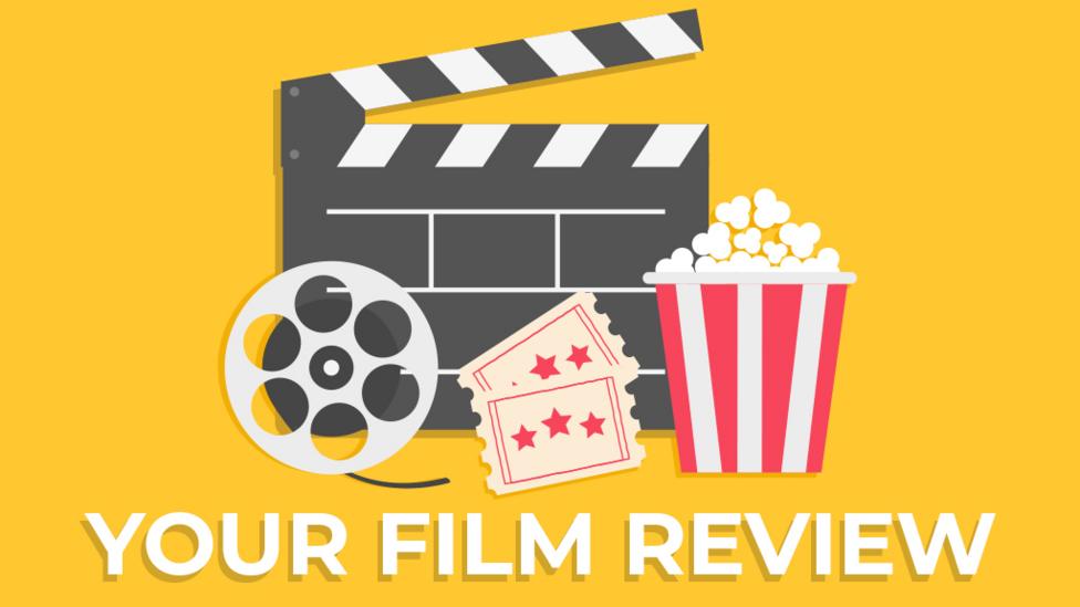 A clapper board, some popcorn, a roll of film and some movie tickets.