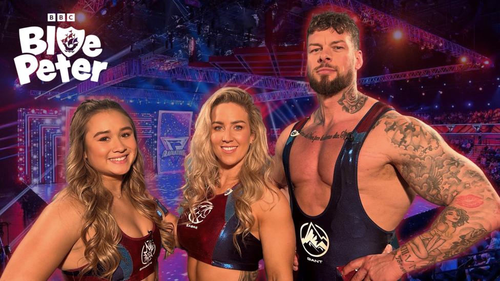 Three Gladiators pose in front of the Gladiators arena.