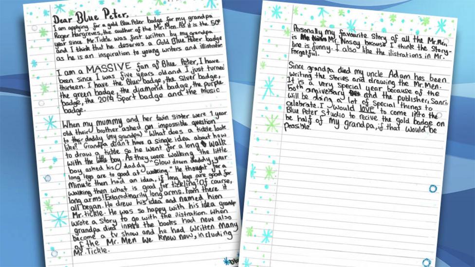 A letter written by Hannah, asking for a Gold badge for her Granpa.