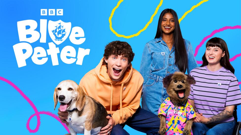 Blue Peter presenters on a Blue background.