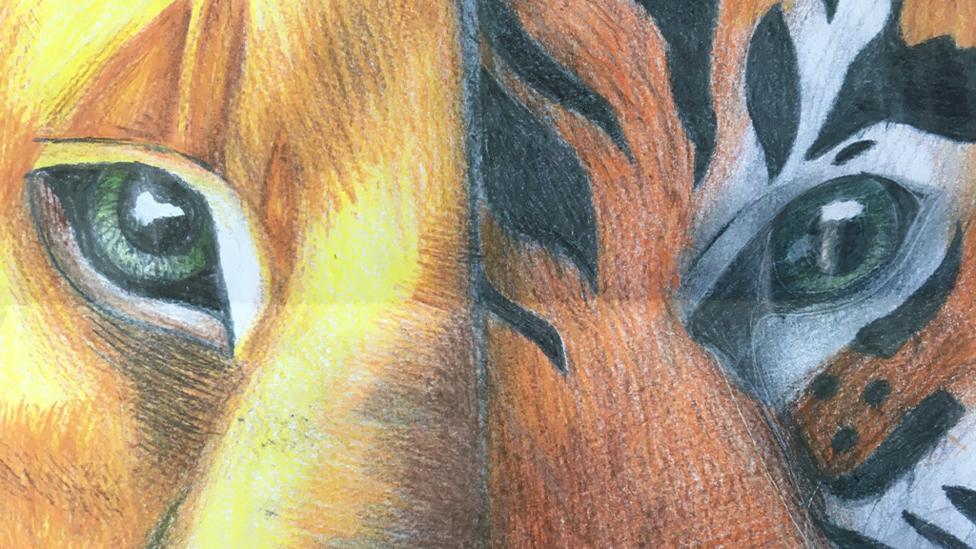 A hand drawn lion and tiger.