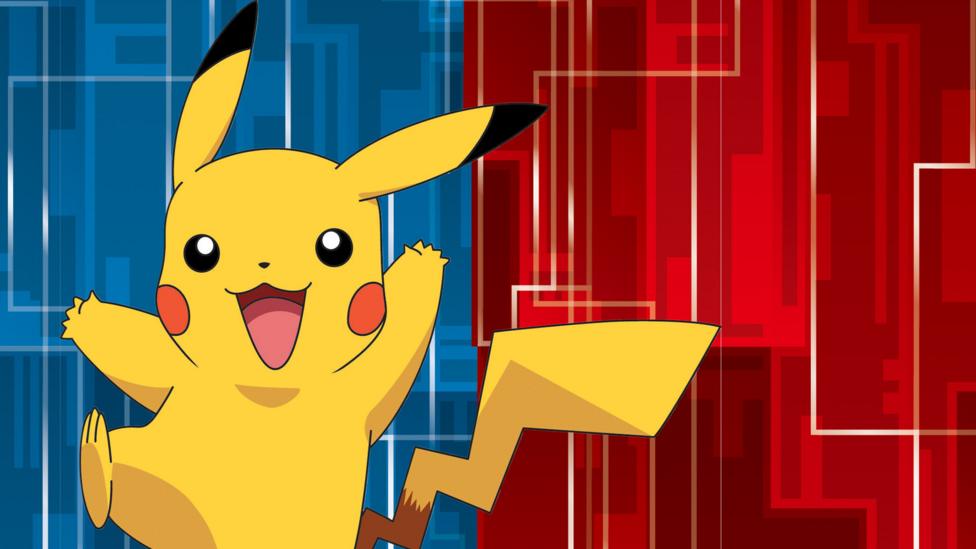Pokemon character Pikachu jumping on a red and blue background.