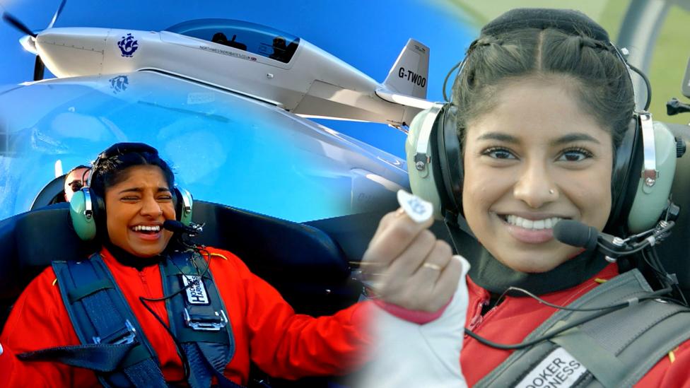 Blue Peter presenter Shini is sat in a small aeroplane, she is holding a Blue Peter badge and smiling, there is another image of her sat in the cockpit of the plane and screaming.