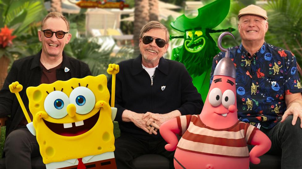 The cast of The SpongeBob Movie: Search for Squarepants, on a tropical background.
