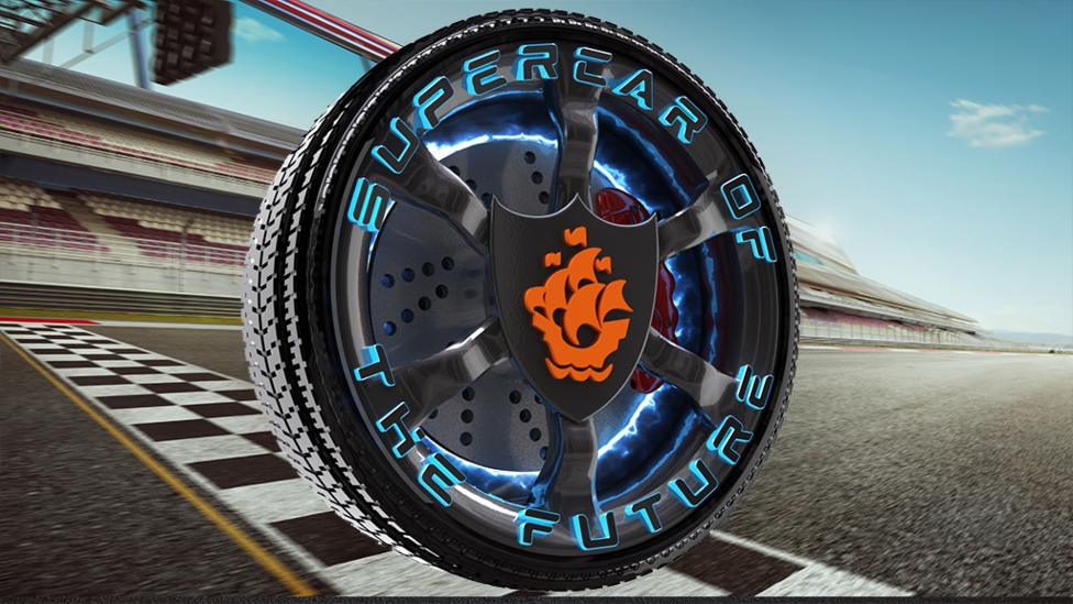 A tyre with a Blue Peter ship on a race track.
