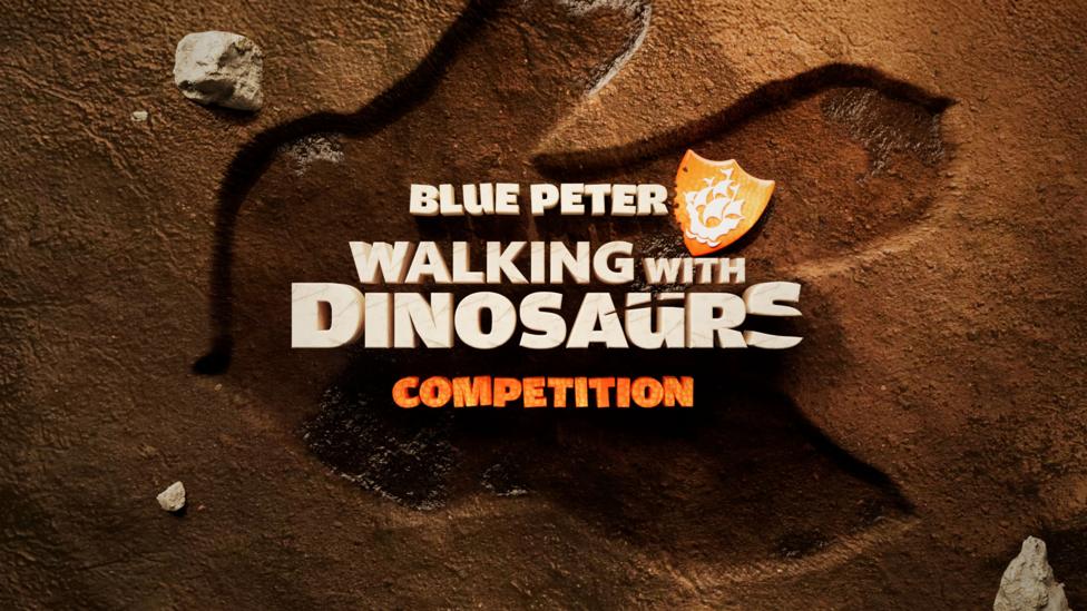 The Blue Peter Walking with Dinosaurs Competition is written in white in the middle of a huge dinosaur footprint, with an Orange Blue Peter badge set in the mud.