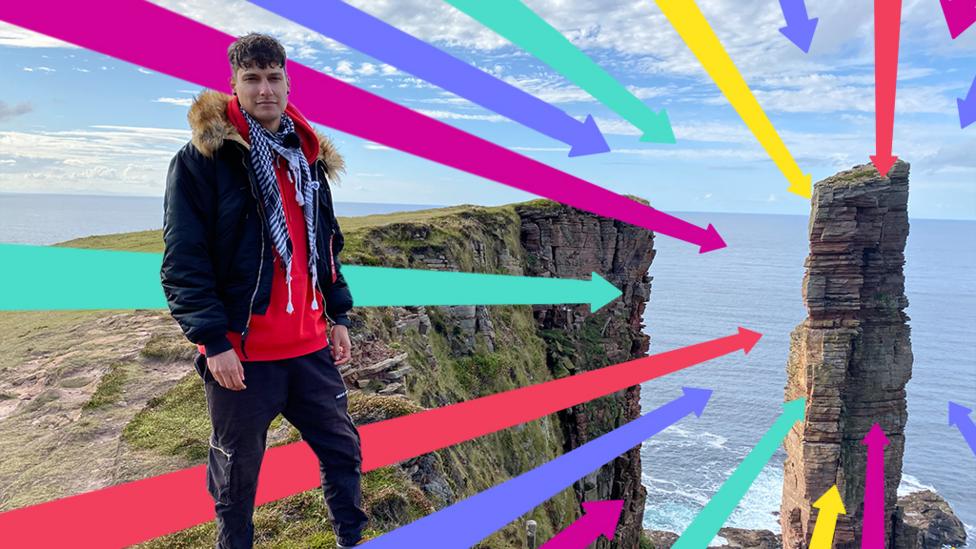 Blue Peter Richie standing next to Old Man of Hoy.