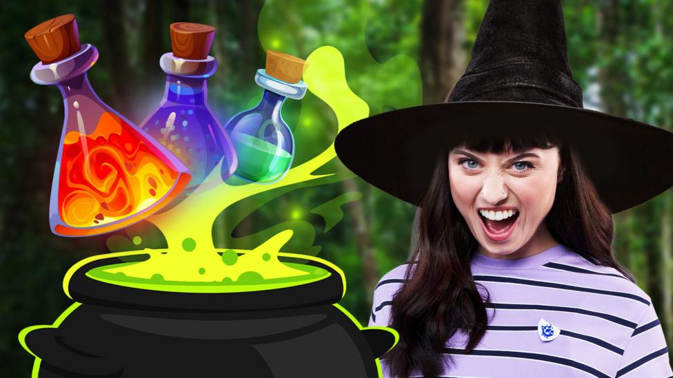 Abby wearing a witch's hat and a cartoon bubbling cauldron with potions next to her.