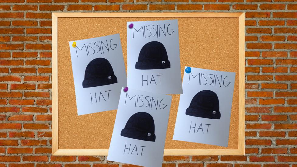 Notice board with four posters detailing a missing hat.