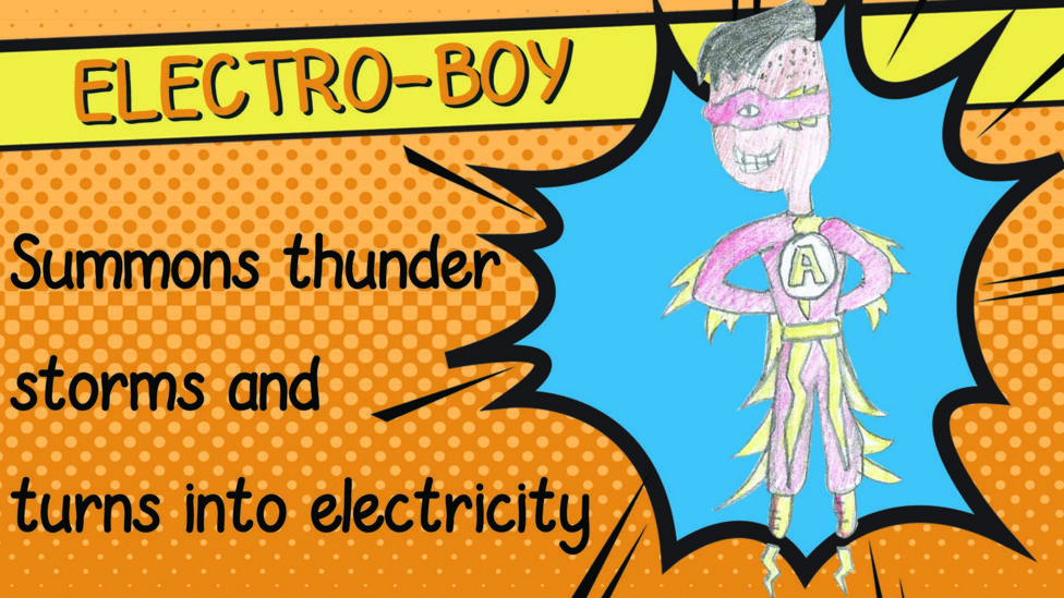 A drawing of superhero Electro-Boy who has a red superhero outfit with yellow points on the edges and a red superhero mask.