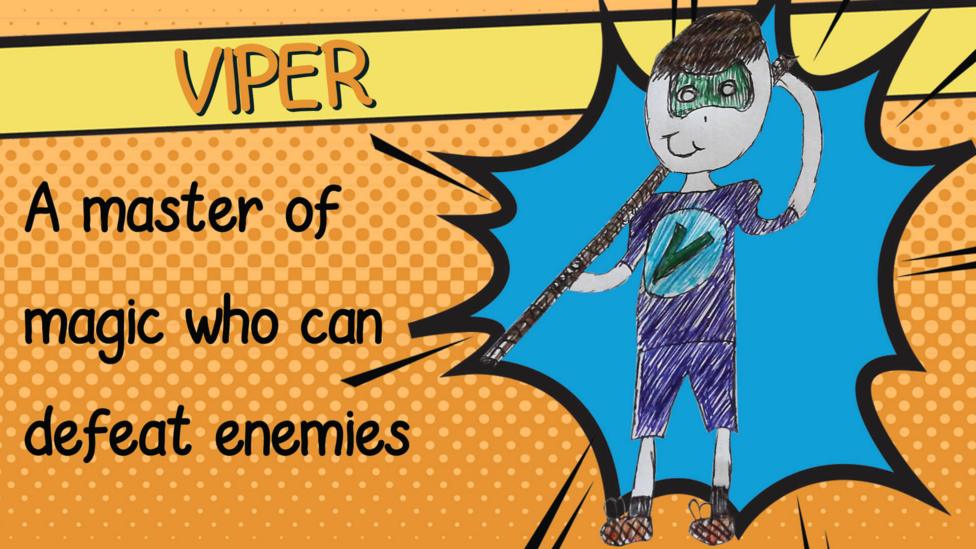 A drawing of Viper the superhero who has a mask, stick and a blue costume with a large 'v' on the front.
