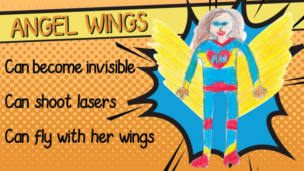 A superhero drawing of Angel Wings who can become invisible, shoot lazers and fly with her wings.