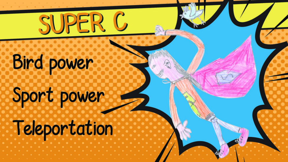 A superhero drawing of Super C who is flying wearing a red cape next to a bird in the sky.