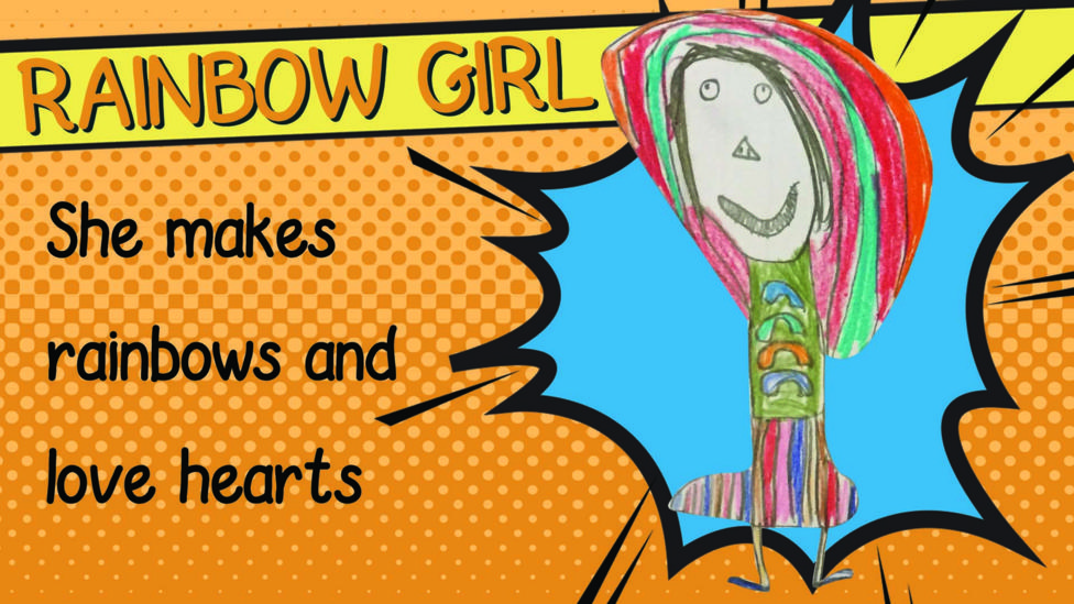 A superhero drawing of Rainbow Girl who has rainbow coloured hair.