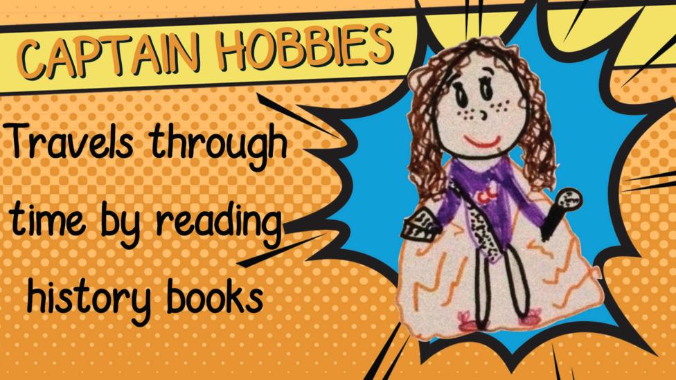 A superhero drawing of Captain Hobbies who has a purple superhero outfit and an orange cape.