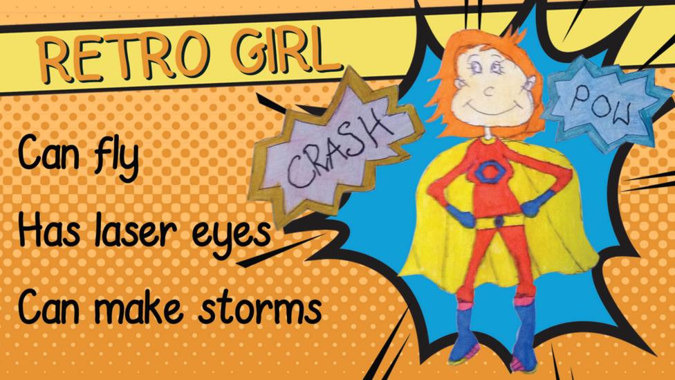 A drawing of superhero Retro Girl, who is wearing a red suit, blue gloves and boots and a yellow cape.