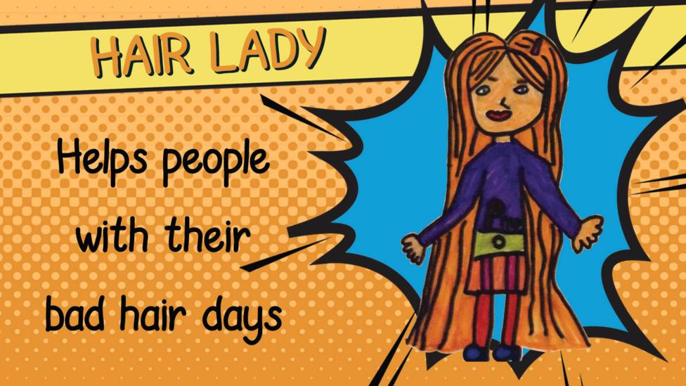 A superhero drawing of Hair Lady who has really long hair that reaches the floor and can help people with their bad hair days.
