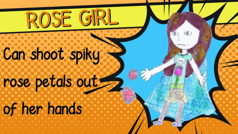 A superhero drawing of Rose Girl who has a blue cape and glittery hair.