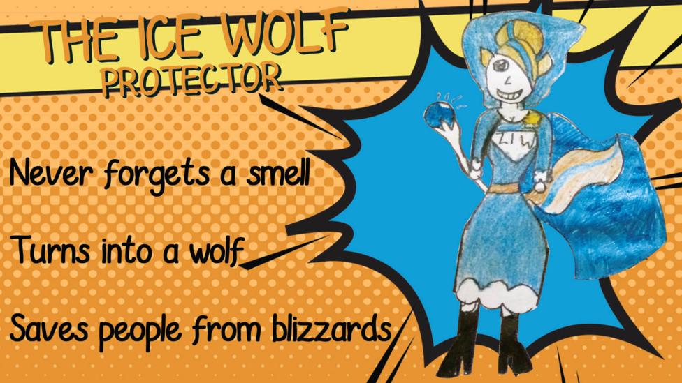 A superhero drawing of The Ice Wolf Protector who never forgets a smell, turns into a wolf and saves people from blizzards.
