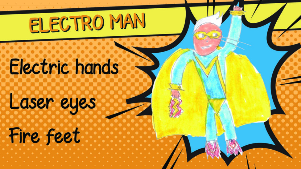 A drawing of superhero Electro Man who has white hair, a red superhero outfit and a yellow cape and mask.