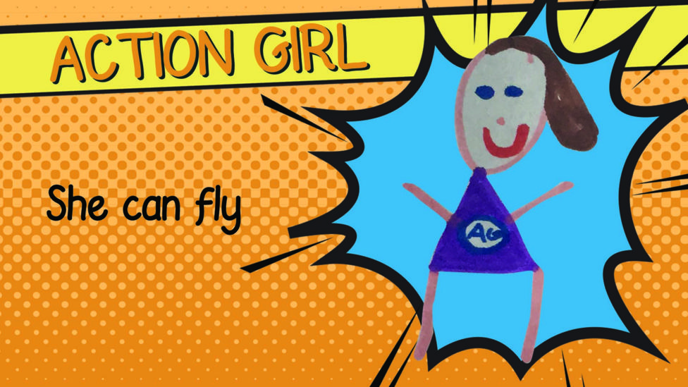 A superhero drawing of Action Girl with a blue superhero outfit.