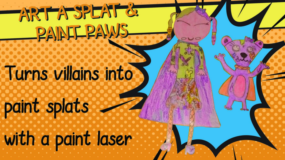 A drawing of superhero Art a Splat and sidekick Paint Paws. They both have colourful outfits with paint splats on them and brightly coloured capes.
