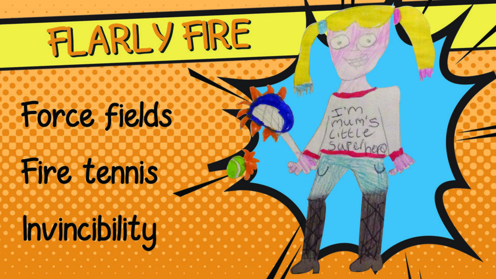 A drawing of superhero Flarly Fire who has blonde hair in bunches and a tennis racket with fire around it.