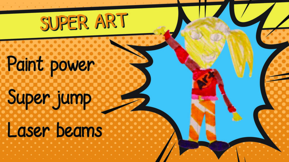 A drawing of superhero Super Art who has blonde hair, a red top and orange and white stripy trousers.