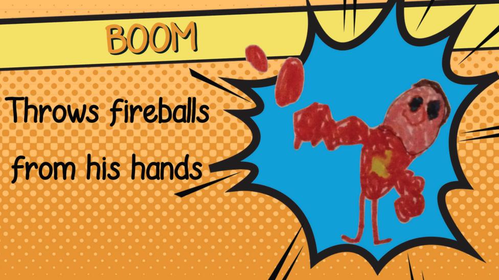 A superhero drawing of Boom who is red and throws fireballs from his hands.