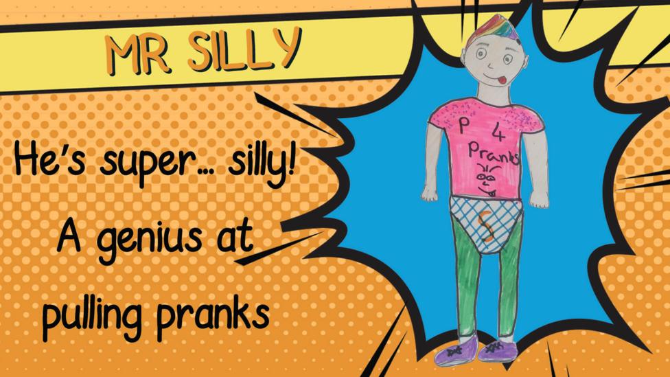 A superhero drawing of Mr Silly who has rainbow hair, a pink top and underpants over his green trousers.