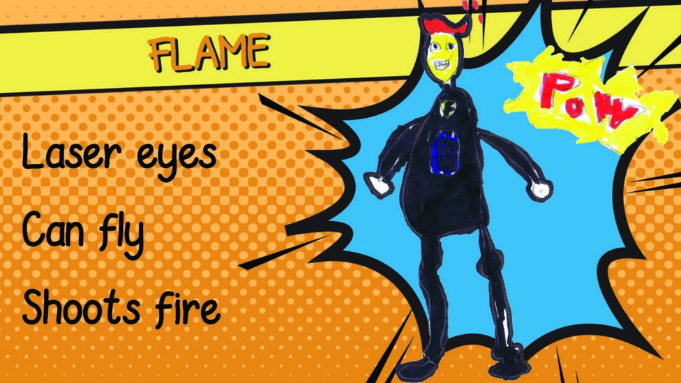 A drawing of superhero Flame who has red hair and a black superhero outfit.