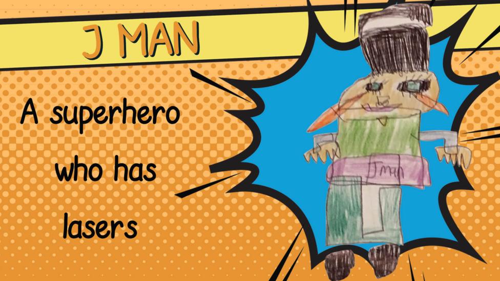 A drawing of superhero J Man, who is wearing a green top and trousers, a belt with 'J Man' on it and is shooting lazers from his eyes.