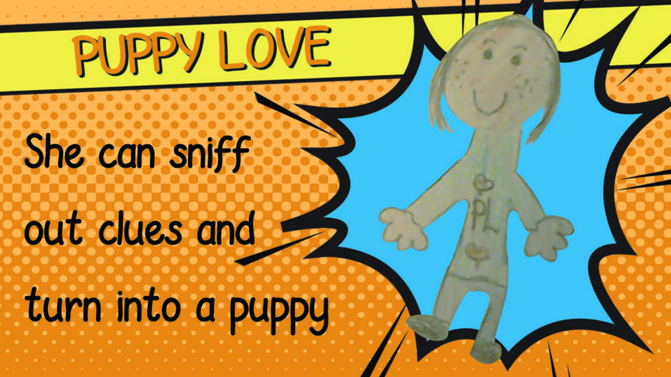 A drawing of superhero Puppy Love who has short hair, a blue outfit and freckles on her cheeks.