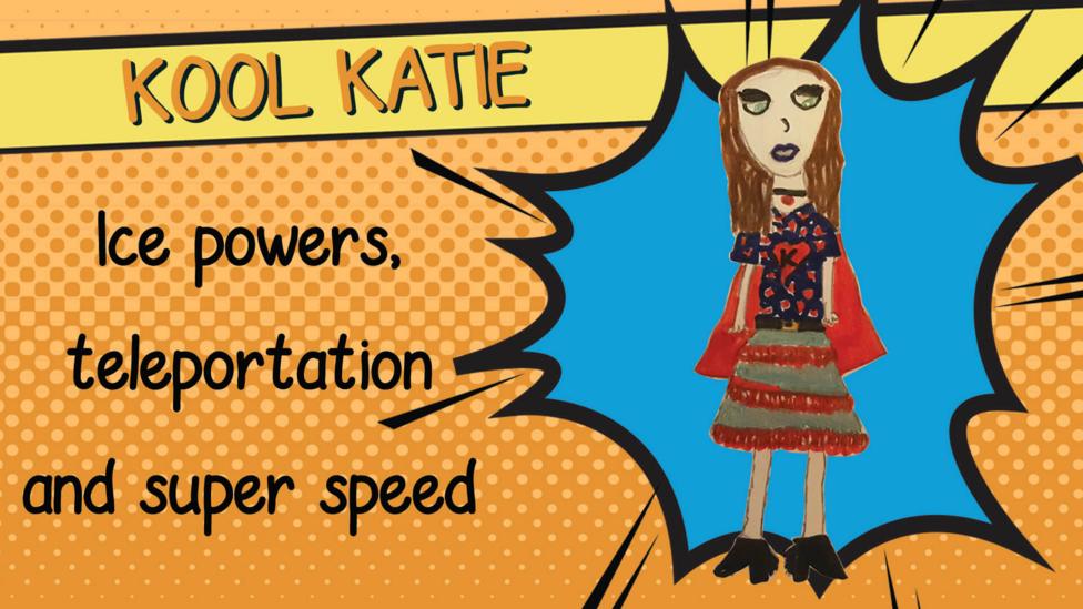 A superhero drawing of Kool Katie who has a red and black top, stripy skirt and red cape.
