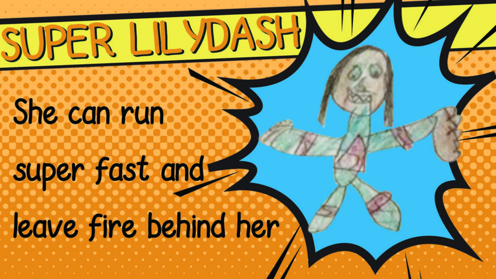 A superhero drawing of Super LilyDash wearing  a blue superhero outfit.