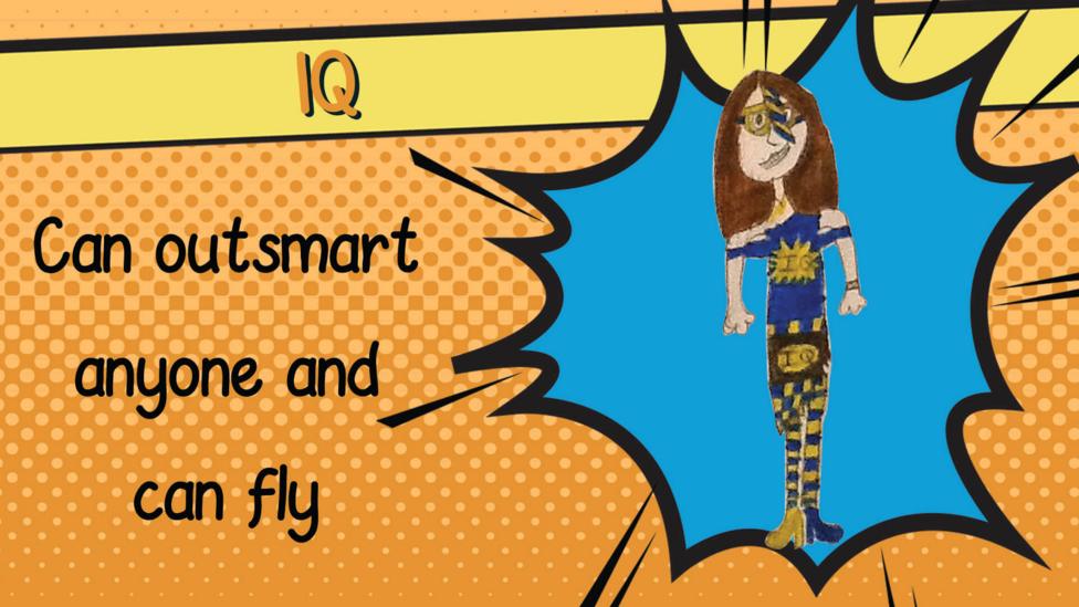 A superhero drawing of IQ who has a blue top, mask and yellow and blue stripy tights.