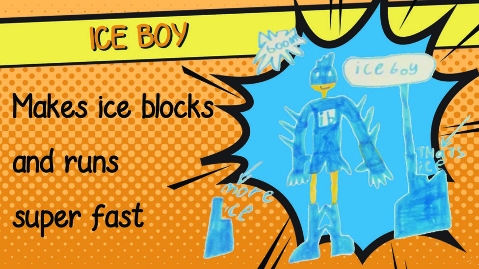 A drawing of superhero Ice Boy who has a blue superhero outfit and mask with blocks of ice surrounding him.