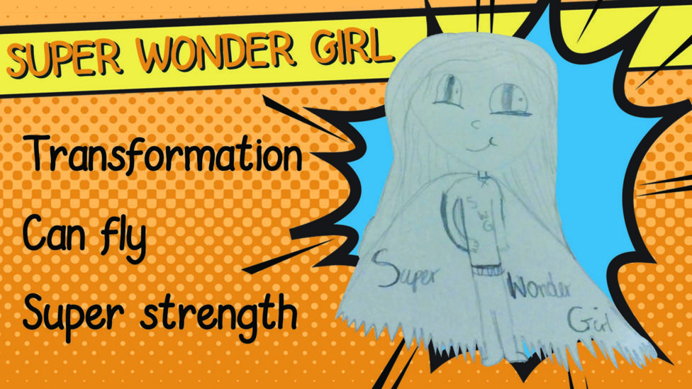 A drawing of superhero Super Wonder Girl who has long hair and a cape.