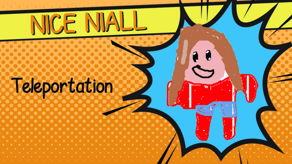 A superhero drawing of Nice Niall in a red superhero outfit.