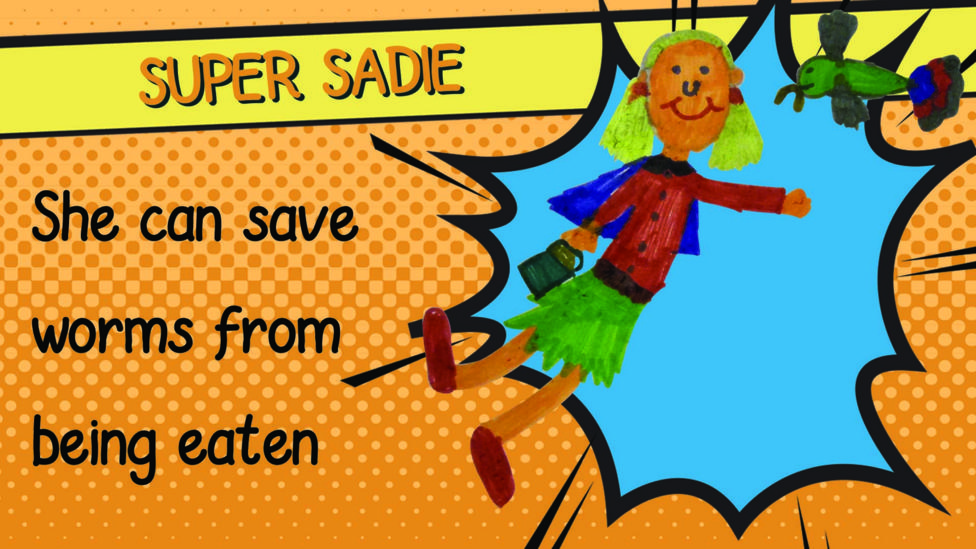 A drawing of superhero Super Sadie with a green skirt, red top and blue cape.