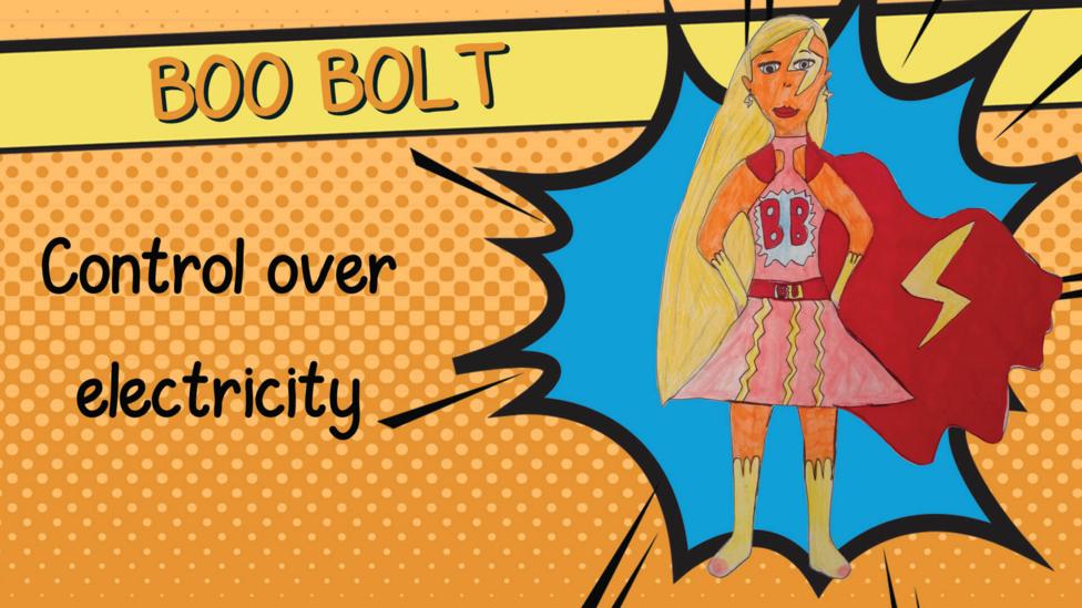 A superhero drawing of Boo Bolt who has a pink dress, red cape and lightning bolts on her outfit.