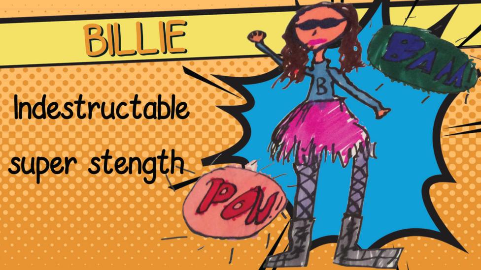 A drawing of superhero Billie who is wearing boots, a pink skirts, a blue top with the letter 'B' on it and an eye mask.