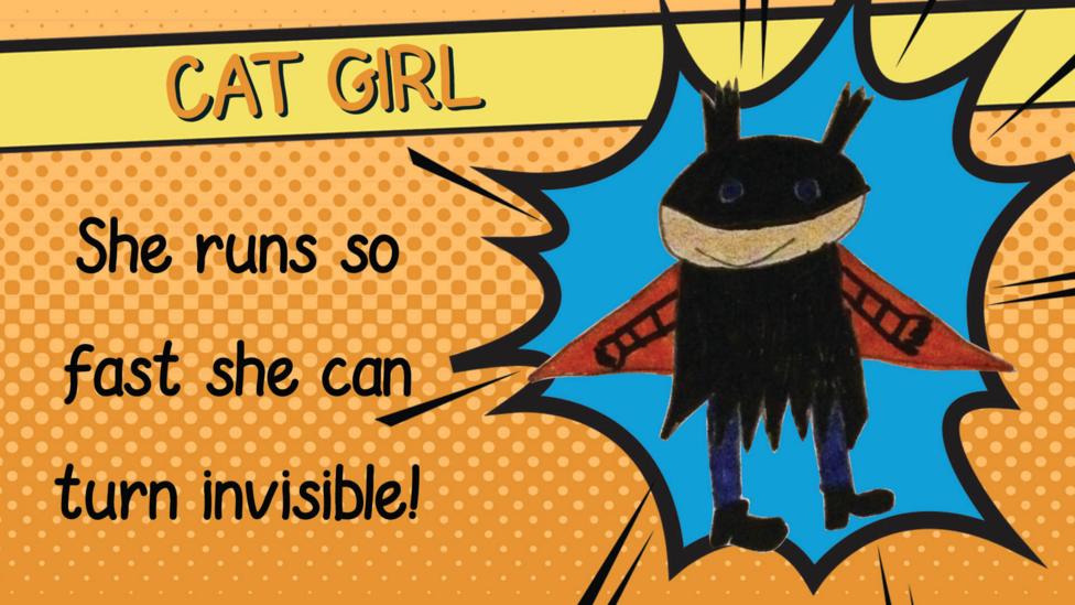 A superhero drawing of Cat Girl who has a black mask and red cape.