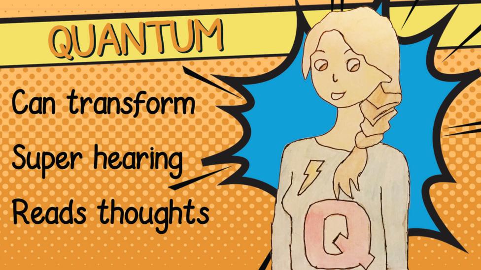 A drawing of Quantum the superhero, a girl with blonde hair in a plait and a blue top with a large 'Q' on the front.
