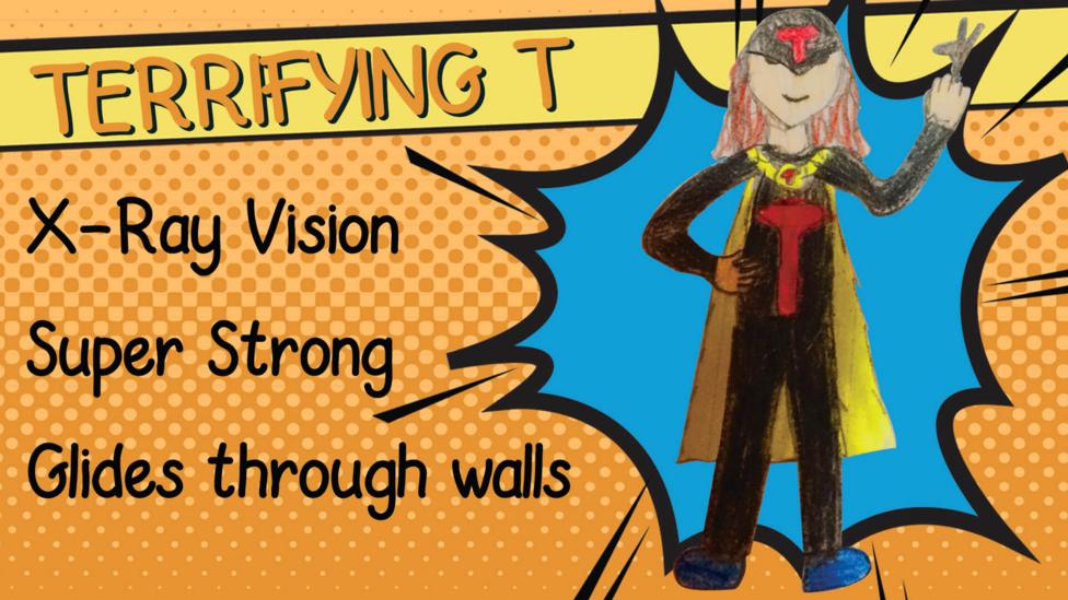 A superhero drawing of Terrifying T who has x-ray vision, is super strong and can glide through walls.